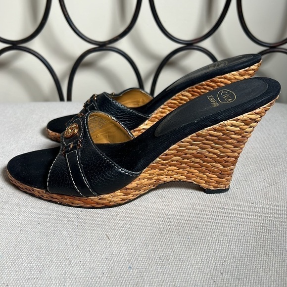 Circa Joan & David black leather open toe wicker wedges size 7.5 - Picture 3 of 9
